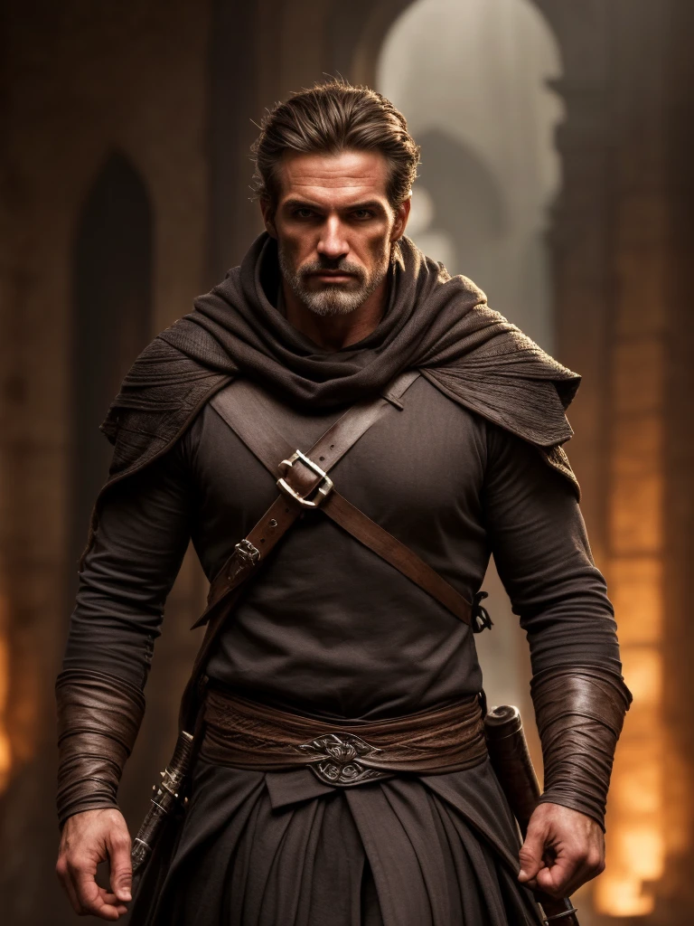 hair, portrait of a ruggedly handsome assassin, muscular, half body, masculine, mature, Retrato de un joven, Muscular very handsome and attractive assassin men, A 40 years old male, Retrato de un joven, real, ( Man in the real ), beautiful detailed eyes, extremely detailed eyes and face, assassin outfit, assassin gear, assassin pose, assassin action, white and moody atmosphere, dramatic lighting, cinematic, fantasy, highly detailed, intricate, digital art, concept art, hyper realistic, 8k, ultra-detailed, masterpiece, photorealistic, professional, dramatic colors, chiaroscuro lighting