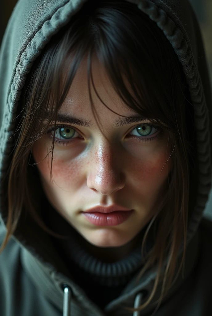 The Last of us parte 3 Ellie epilogue a young woman with beautiful detailed eyes, a post-apocalyptic environment, abandoned city, cracked concrete, rusted metal, broken windows, overgrowing plants, cinematic lighting, moody colors, realistic, photorealistic, masterpiece, 8k, best quality