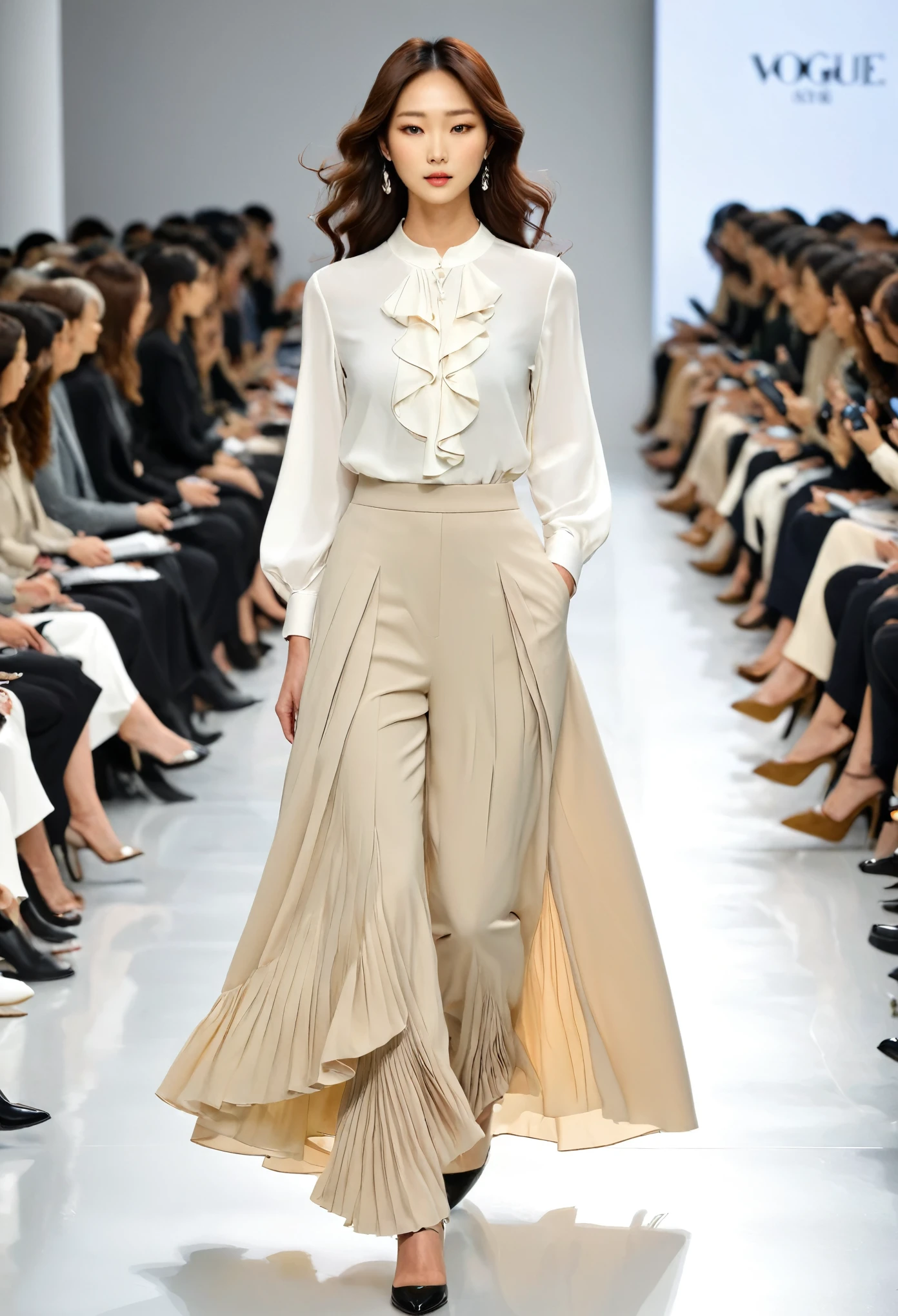 /I https://s.mj.run/pHvh9INEstc , A smooth, sleek dress with a flat, wrinkle-free surface. The skirt is designed without pleats for a clean and polished look. The sleeves are simple and plain, without any ruffle details, creating a streamlined and minimalist aesthetic , an Asian girl, smiling with fair skin , A minimalist outfit consisting of a loose, simple dress and top, designed for everyday wear with a soft, gentle style. The ensemble features subtle pleats and ruffle accents, maintaining an elegant yet understated look, perfect for a relaxed yet refined commute , Vogue Runway fashion show style photo, beautiful Korean supermodel on the runway wearing an ivory white long-sleeved blouse with a high-low skirt and beige ruffled flared pants --chaos 50 --ar 3:4 --stylize 250 --iw 1.2 --v 6.1