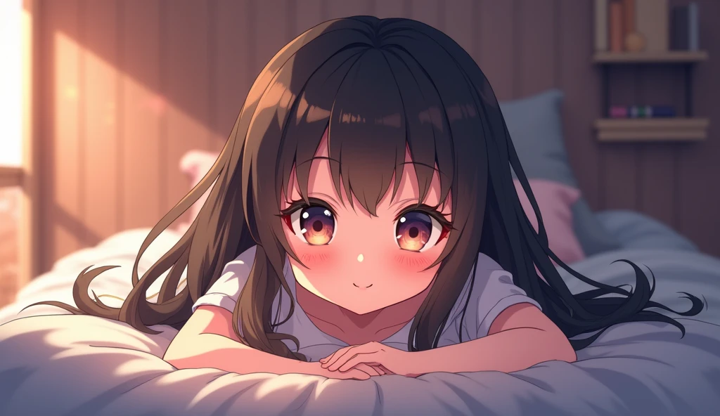 ((nswf, seductive, seducing), cuddling and pampering viewer, 1 girl lying naked under the bedcover, holding bedcover shyly:1.5), Nardack style lora, (gentle housewife, girl, full body, depth of view, and short figure girl, cute and , perfect woman, medium cleavage, mature aura:1.2), (masterpiece, best quality, HD Pictures, 4K:1.1), outdoor, very long hair, bangs, gentle look, gentle smile, gentle eyes, mature looking, pinkish cheeks, very detailed eyes, very detailed pupils, very detailed ridiculously long black hair, detailed face, detailed ruby red eyes, full body, look up to viewer, detailed long black hair, (happy gentle face, warm smile, blushing red cheeks:1.3)