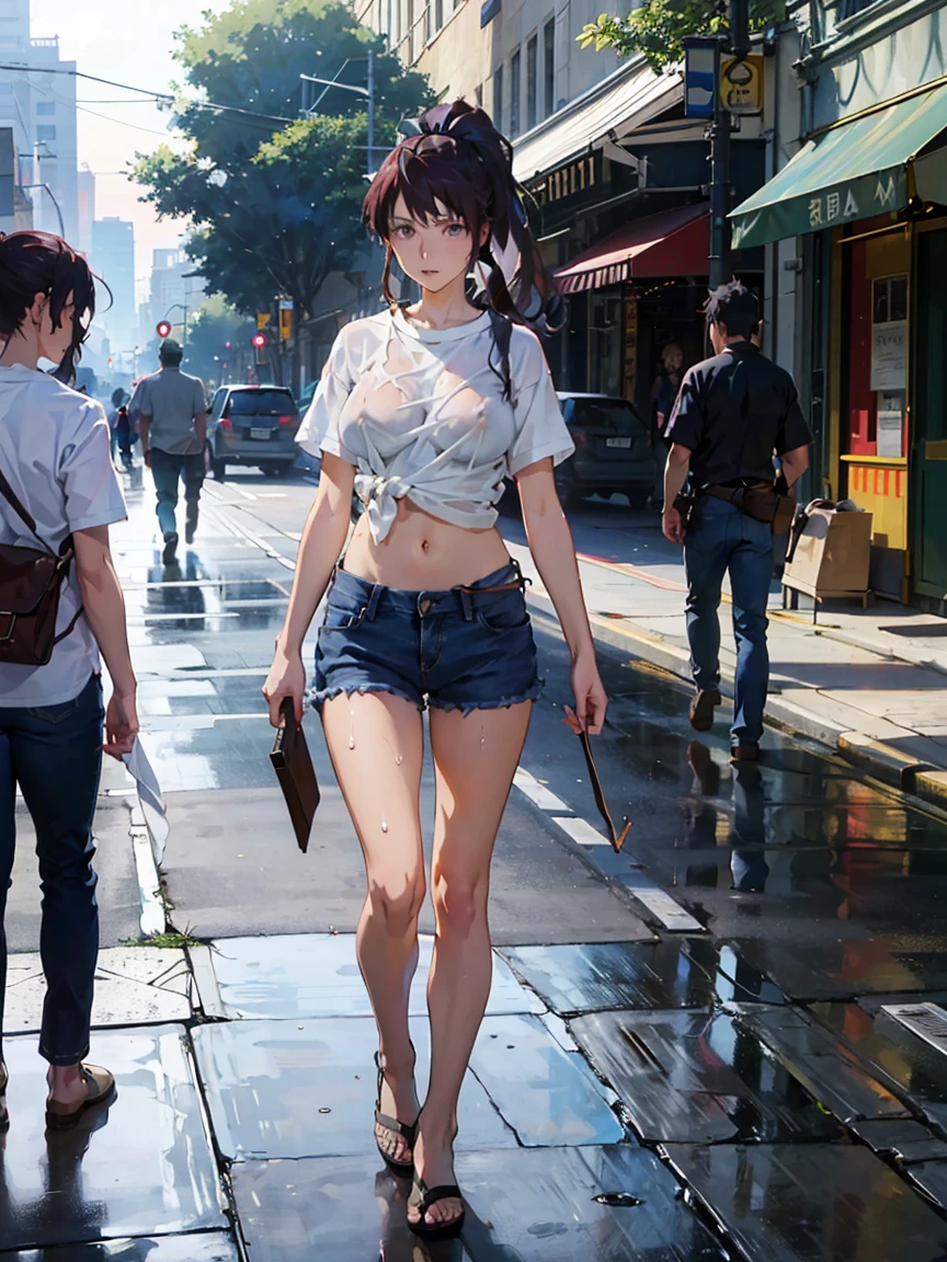 God breaks the fire 、jeans、One side short pants, one side long, long hair、ponytail,Big tits, big breasts、Official Anime Art、stand, walk , Hard nipple,Thin shirt,Wet shirt,in the city, Look under the shirt, full body