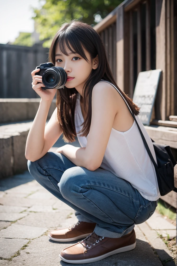 (Best image quality、Highest quality、Highest Resolution、masterpiece、detailed、Actual Photos)、Beautiful and cute 17-year-old high school girl、Looking into the camera、((Light brown straight hair、Battery Clip Cream、smile))、((Full Body Shot))、((Low Angle))、(Quite small)、(Quite lean body))、((Deliberately not wearing clothes))、((She shows her crotch to the camera:1.2))、((Squat down and spread your legs wide:1.3))、((I have a lot of friends behind me))、子供っぽいsmile