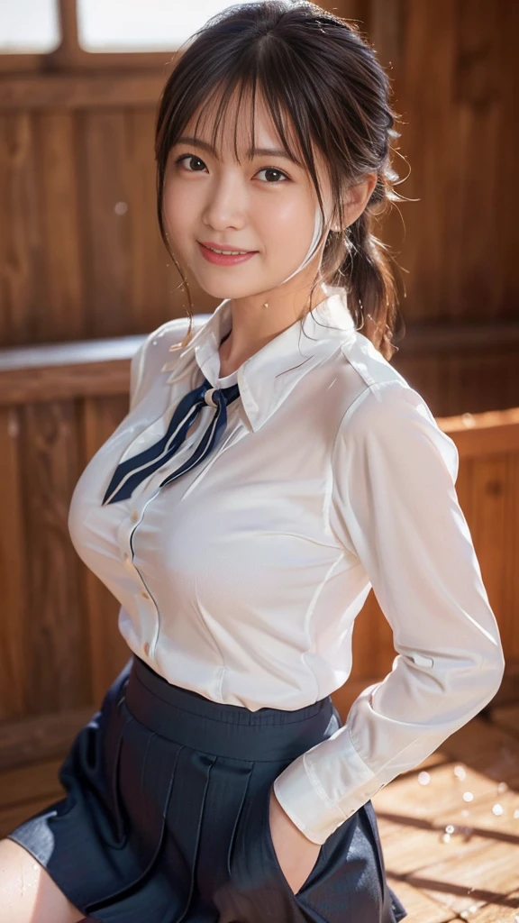 Ulzzang-6500-v1.1, (RAW Photos:1.2), (Photorealistic), Beautiful detailed girl, (Genuine: 1.4), Very detailedな目と顔, Beautiful and fine details, ta Fashion Women, ((Studio shot、Moe pose:1.3)), 脚を開いてstanding, (Ultra-realistic pantyhose:1.2), game_Hmph, Large file size, High resolution, Very detailed, highest quality, [masterpiece:1.6], Awareness-raising, Very detailed, Hmph, In detail, highest quality, 8k wallpaper, Cinema Lighting, One Girl, 17 yrfect figure, Cute droopy eyes、Beautiful big eyes、Pieck Finger, ((Tabletop)), highest quality, One Girl, eye shadow,  Idol Makeup、Portraiture, ((full body shot:1.4))、(A very loving smile:1.2)、Realistic skin texture、Glowing Skin、Exposed thighs!!! ((pink blouse with black ruffled lace、Black ribbon tie、Black Flare Mini Skirt))、Dark brown hair、Braided hair、 (White Silk Sockabrick Ruffle Rack Strap Pumps)、(standing), Akihabara cityscape、((boyfriend and girlfriend having sex:1.5))、((Sexual pose:1.5))、((Spread legs POV:1.5))、((beautiful areola:1.5))、((Nipple erection:1.5))、((beautiful pussy:1.5))、((A light layer of sweat:1.5))、((Insert your into your:1.5))