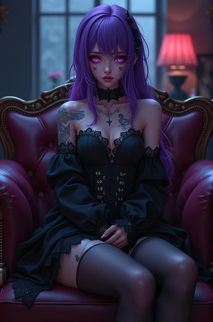 ((best qualityer, sitting down, cross legs)), ((work of art)), (detailded),1 girl, (A vampire), nsfw, violet hair, in this, stockings, mitts, the eyes, super realism, Nude