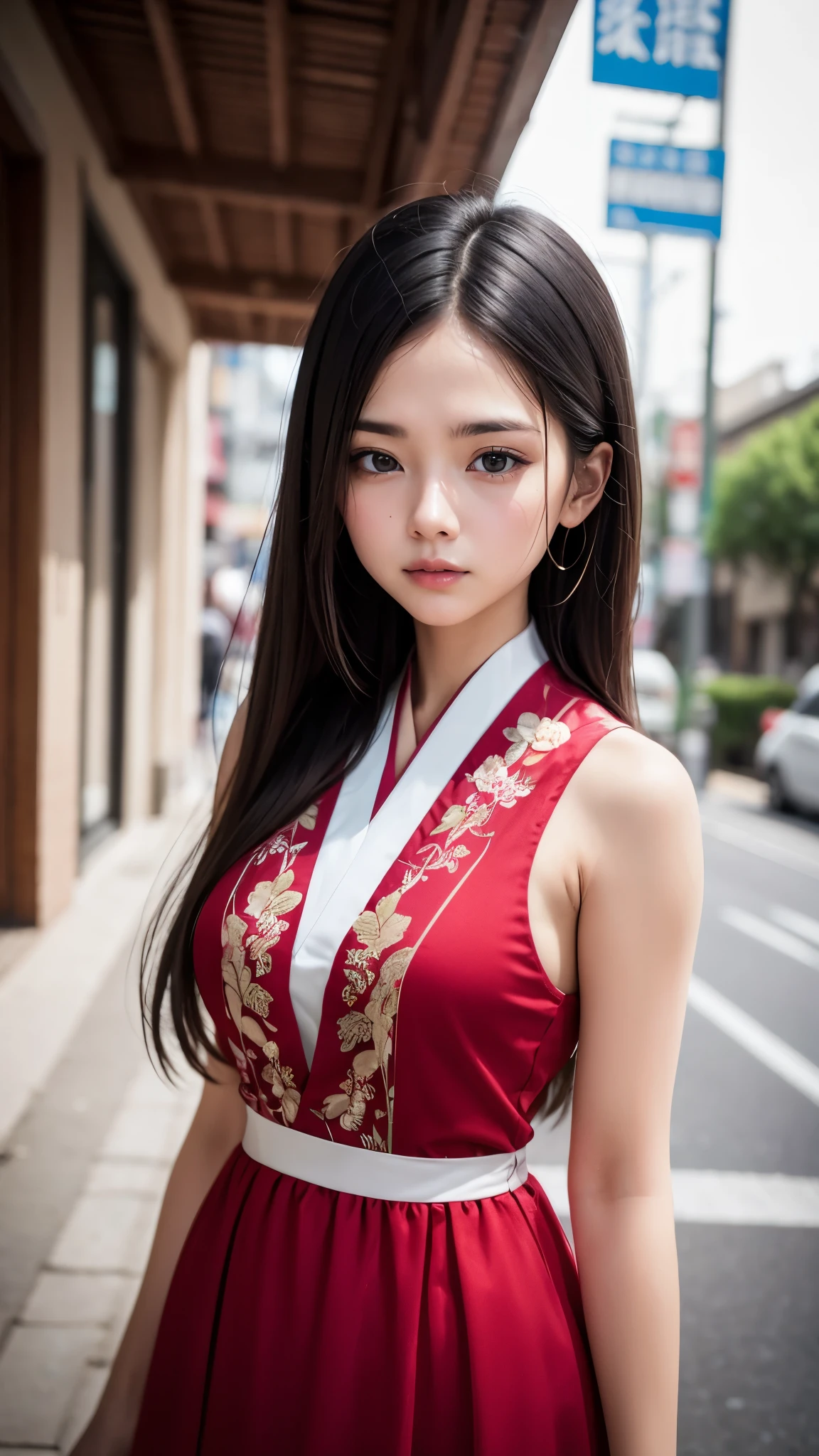 (masutepiece, Best Quality:1.5), 8K, 16year old, 85 mm, Official art, Raw photo, absurderes, violaceaess, gardeniass, Upper body, close up, Solo, Delicate girl, China dress, Street, Bokeh background, Looking at Viewer, natural, Candid, (Summer, Standing, sideshot:0.6), Sharp Focus, face lights, Eyes and faces with detailed