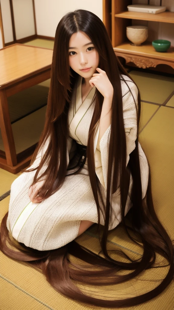 Pretty Japanese girl,solo focus, kneeling, , , ,, indoors, best quality, (masterpiece:1.2), , very longhair, very thick hair, floor length hair, full hair on floor 