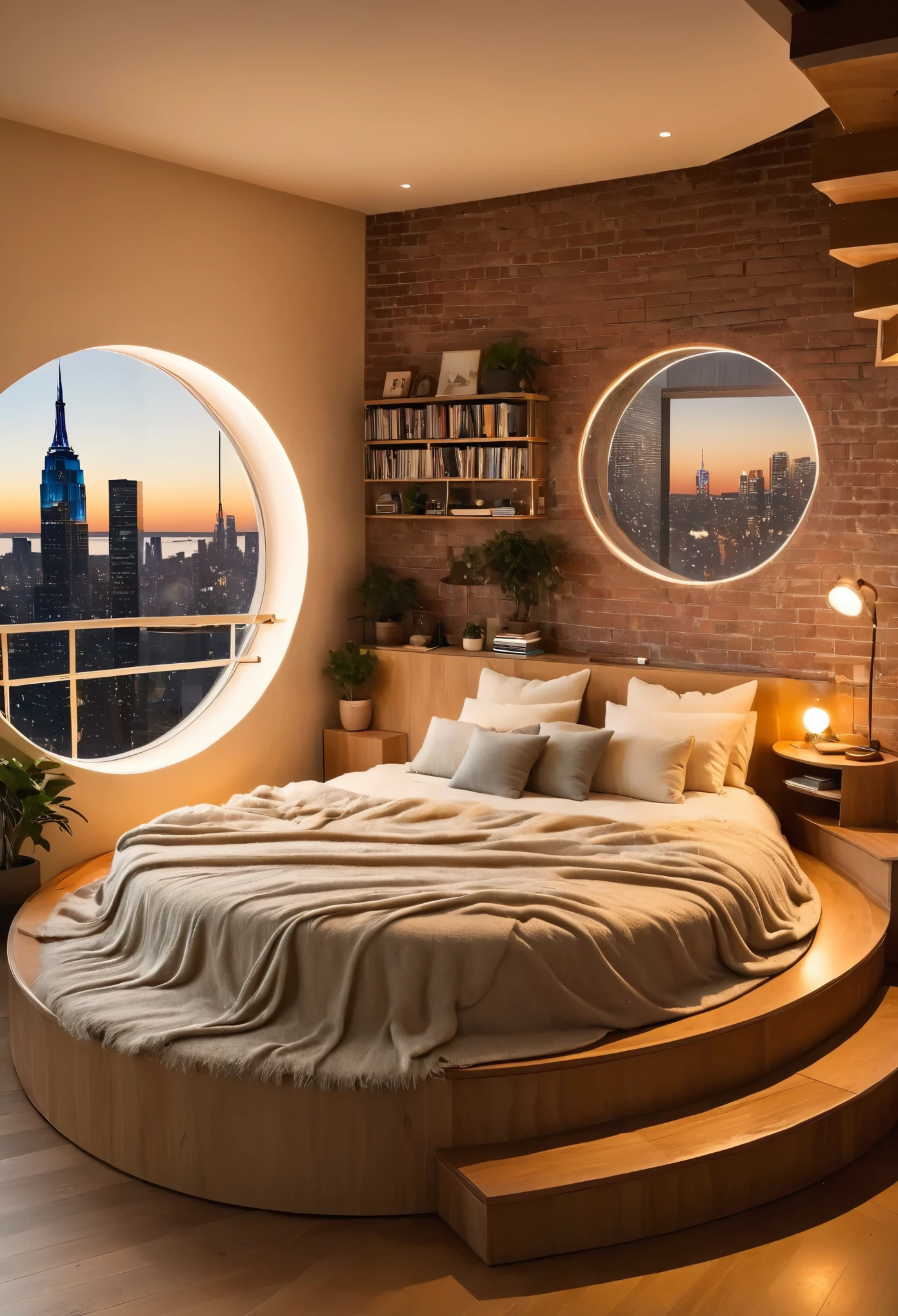 /I https://s.mj.run/2H_ej-Qaks0 a circular bed in the middle of an apartment with stairs leading up to it, cozy and warm interior design, lights on at night outside the window you can see buildings and city light, bed is made out of fluffy beige fabric and has multiple pillows, desk next to it with books and framed pictures on wall above bed, the floor underneath bedroom just big enough for sleep so that I don't fall down the spiral staircase beneath me--v 6.0 --ar 2:3 --stylize 250 --iw 2 --v 6.1