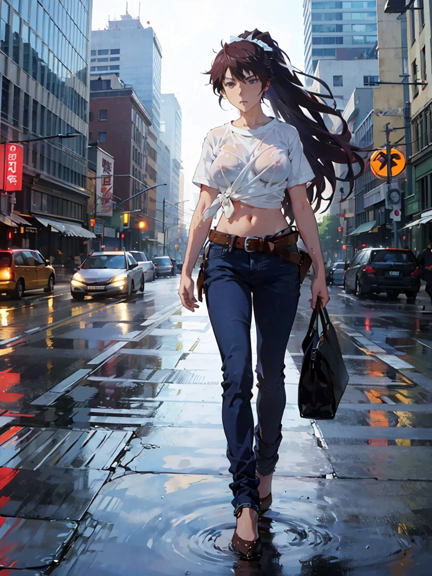 God breaks the fire 、jeans、One leg is long and the other is short., long hair、ponytail,Big tits, big breasts、Official Anime Art、stand, walk , Hard nipple,Thin shirt,Wet shirt,in the city, Look under the shirt, full body