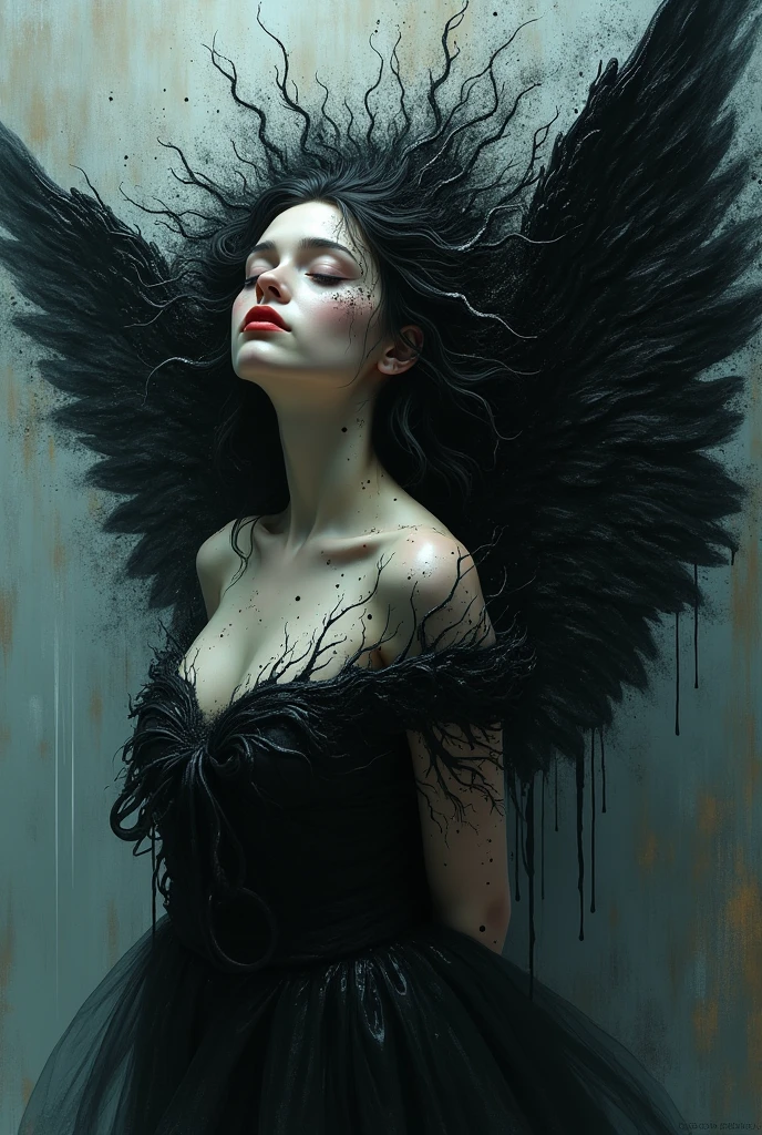 A female angel with blindfolds crying a lot with tears relative with four wings very close to the face with hair blowing diagonally with the mouth slightly open semi realistic style black and white