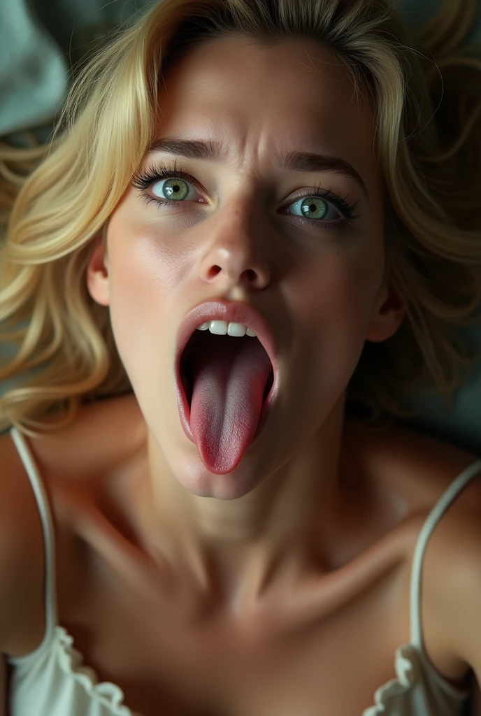 realistic, woman, beautiful mouth, mouth focus, sexy, lick, blonde, orgasm, eyes are slightly open, eyes are askew up between the eyebrows in ecstasy, deep cleavage teasing a firm breast, 19mm lens, top down POV on the sitting on the floor girl with her mouth open, sticky white translucent liquid shooting down into her mouth,naked, ahegao, drooling, topless