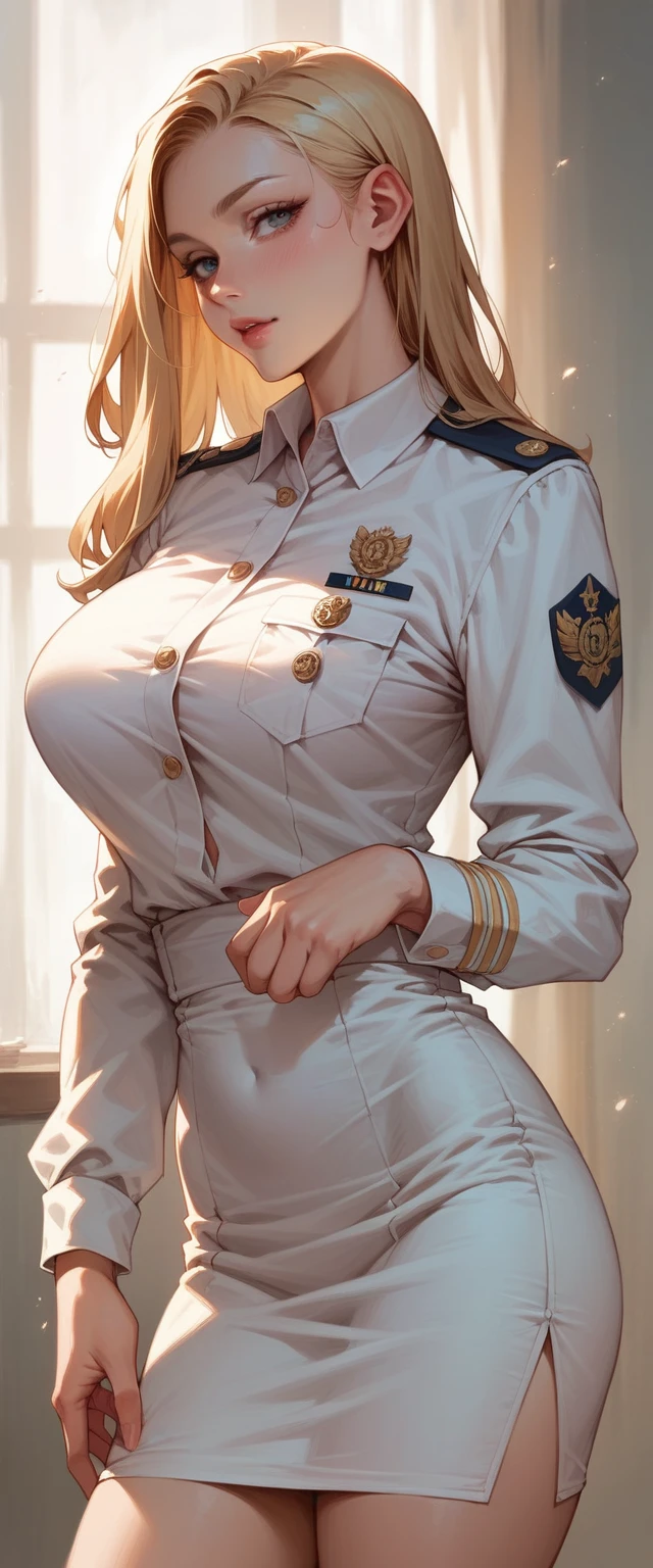 A sexy blonde girl with a voluptuous body wearing a new short naval dress uniform, It&#39;s too sexy and sensual, It has white lingerie with gold, It is for the exclusive use of your wife, a dress with a half-nipple neckline, low-cut back and only covers half of the ass and fishnet stockings that say armi and sexy high-heeled sandals 35 cm high with bows and shiny gold reflective sexy sensual uniform in the neckline has pants with Mexican naval flag, sexy girl full body sexy white high heel sandals with high white stockings slut tight dress with neckline that shows the nipple with some snow white and sexy stiletto heels with golden Versace fishnet stockings with golden details shiny reflective like mirrors full body sexy high heel sandals sexy white fishnet stockings with golden shiny reflective 