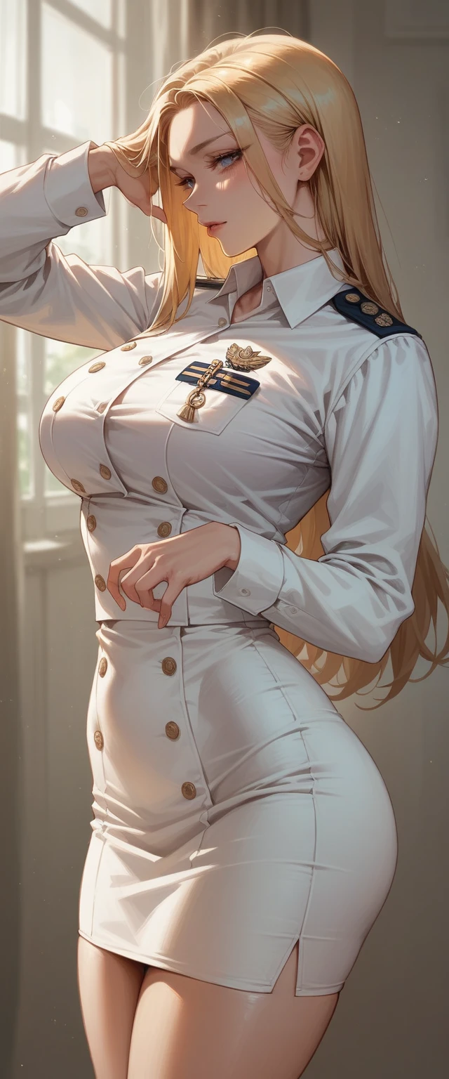 A sexy blonde girl with a voluptuous body wearing a new short naval dress uniform, It&#39;s too sexy and sensual, It has white lingerie with gold, It is for the exclusive use of your wife, a dress with a half-nipple neckline, low-cut back and only covers half of the ass and fishnet stockings that say armi and sexy high-heeled sandals 35 cm high with bows and shiny gold reflective sexy sensual uniform in the neckline has pants with Mexican naval flag, sexy girl full body sexy white high heel sandals with high white stockings slut tight dress with neckline that shows the nipple with some snow white and sexy stiletto heels with golden Versace fishnet stockings with golden details shiny reflective like mirrors full body sexy high heel sandals sexy white fishnet stockings with golden shiny reflective 