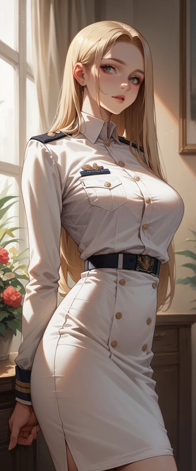 A sexy blonde girl with a voluptuous body wearing a new short naval dress uniform, It&#39;s too sexy and sensual, It has white lingerie with gold, It is for the exclusive use of your wife, a dress with a half-nipple neckline, low-cut back and only covers half of the ass and fishnet stockings that say armi and sexy high-heeled sandals 35 cm high with bows and shiny gold reflective sexy sensual uniform in the neckline has pants with Mexican naval flag, sexy girl full body sexy white high heel sandals with high white stockings slut tight dress with neckline that shows the nipple with some snow white and sexy stiletto heels with golden Versace fishnet stockings with golden details shiny reflective like mirrors full body sexy high heel sandals sexy white fishnet stockings with golden shiny reflective 