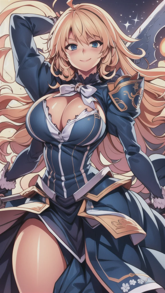 masterpiece,best quality,kim_kwang_hyun, 1girl, atago , long curly pale-blondie hair, ahoge, plumpy, solo, pale-blondie hair, ahoge, Long curly hair, ahoge, large huge breasts, looking at viewer, blue eyes, pale-blondie hair, big boson, large huge breasts, long sleeves, dress, cleavage, closed mouth, weapon (( sword )), puffy sleeves, arm up, clothing cutout, copyright name, blue dress, cleavage cutout, juliet sleeves , power armor, shoulder armor, Long curly hair, pale-blondie hair, ahoge, blue eyes, Playful smile