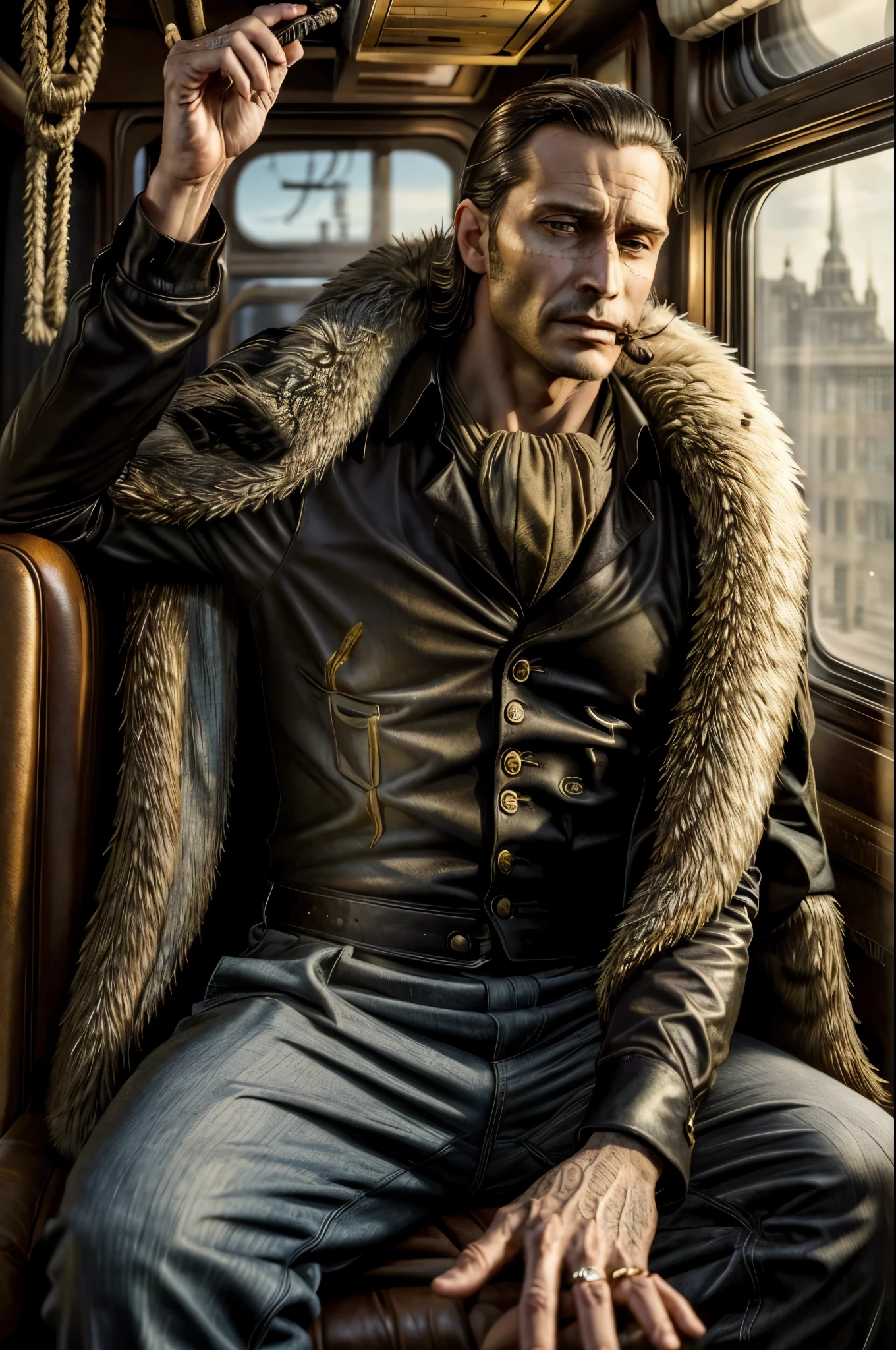 masterpiece, best quality, extremely detailed, hyperrealistic, photorealistic, a cool 40s man, ultra detailed face:1.2, fur-trimmed coat, scarf around the neck, his left hand is a golden pirate hook:1.1, cigar, strenuous movements, from side, dynamic angle, serene, in ultra detailed train, sitting