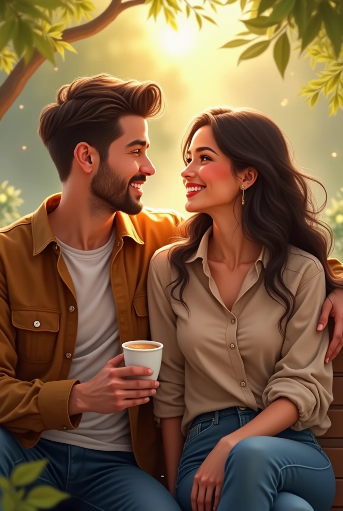 High Resolution, Masterpiece, Accurate, Anatomically Correct, Detail, High Quality, Realistic photo. A 2 wife, long black hair, white skin, height: 155 cm, weight: 45 kg. A 30 year old husband, short hair, white skin, wearing a white t-shirt, height: 160 cm, weight: 55 kg.couple in a kitchen. They are standing close together, with the man's arm around the woman's waist. The woman is wearing a brown apron and has long dark hair. They both have big smiles on their faces and are looking at each other lovingly. In the background, there is a wooden shelf with various kitchen items, including a jar of honey, a bunch of garlic, and a vase of flowers. On the table in front of them, there are plates of food and a glass of wine. The overall mood of the image is happy and romantic.