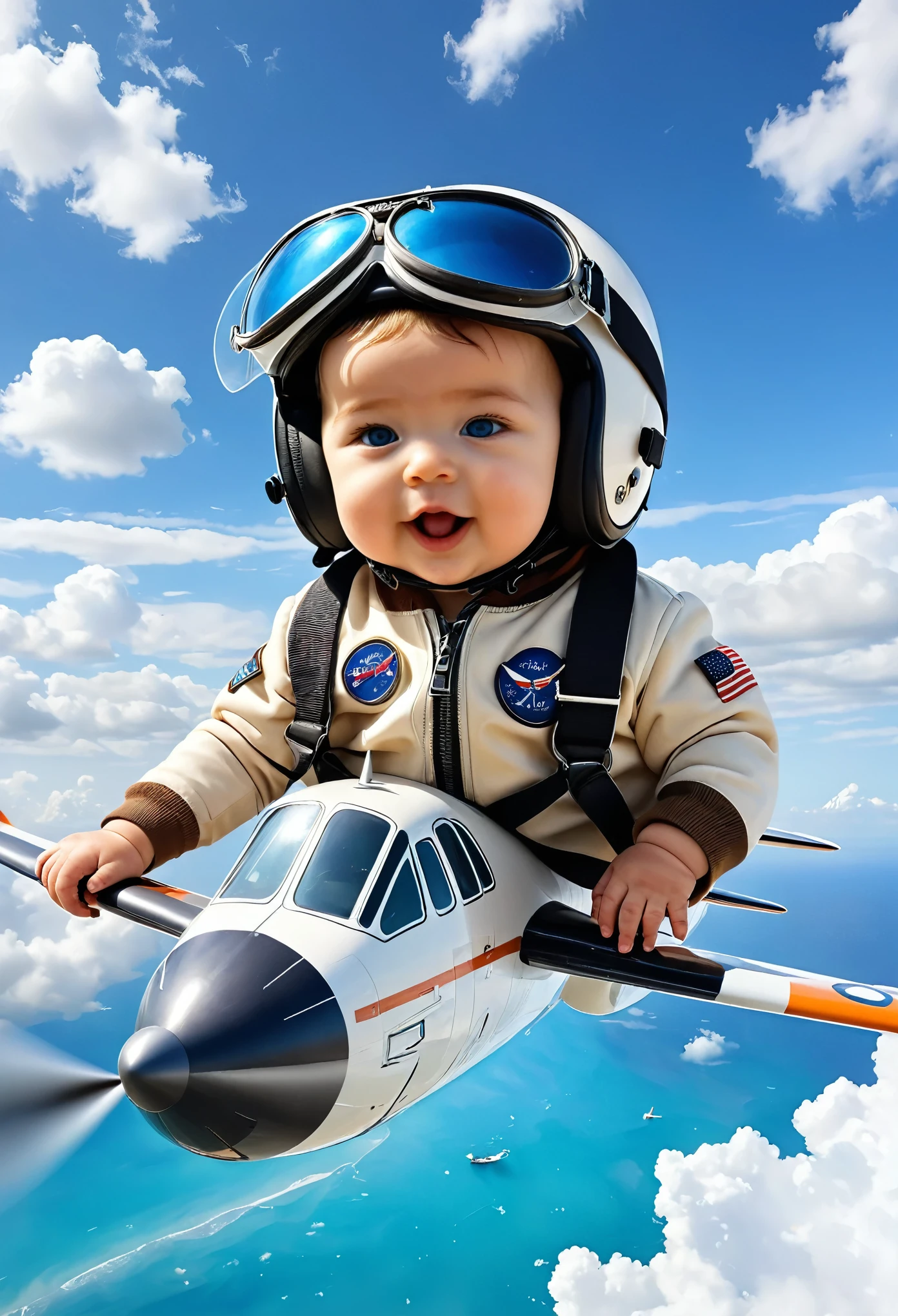 /I 8 , cute, driving a propeller airplane, wearing a pilot helmet, goggles, long shot, wide angle lens, the entire fuselage of the airplane, the baby turns to the camera, flight jacket, flying in the air, blue sky, white clouds, sea, waves, fairytale scene, surreal, super dreamy --ar 3:4 --stylize 150 --v 6.1