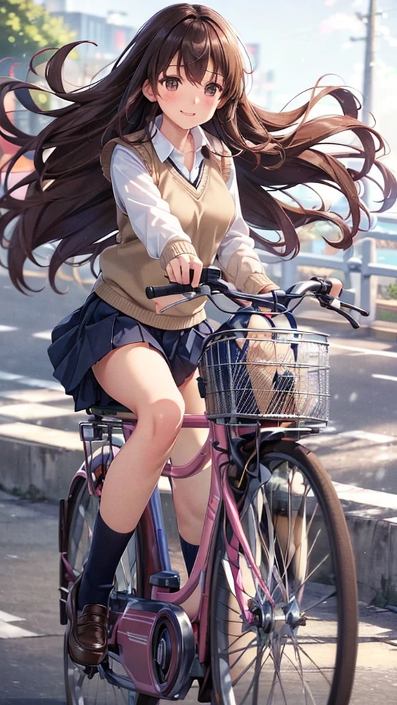 masterpiece,Highest quality,,high school student,Brown Hair,Long Hair,Winding Wave,Brown eyes,smile,blush,white long-sleeved button-down shirt,V-neck sweater vest,Navy blue pleated mini skirt,Navy blue ankle socks,Pink lace panties,(Motion Blur:1.2),Girl on a bicycle,side view,Panties are visible