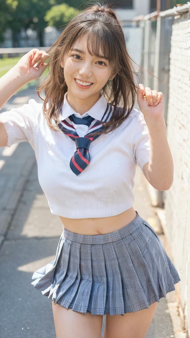  Highest quality, shape, Very detailed, finely, High resolution, 8k wallpaper, 完璧なダイナミックな構shape, Beautiful and exquisite,  Natural Lip, whole body, Navel exposure, front,Nipples、(((Twin tails))),bangs、University classroom、Sailor suit,((looking at the camera))、Brown Hair、(((Nipplesはピンク色)))、(((Thighs)))、