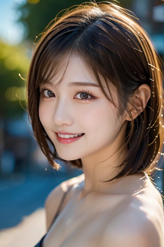 8K、Highest quality、(beautiful)、Precision Eyes、Brown Hair、looking at the camera、naked、Upper Body、Soft Breasts、smile、