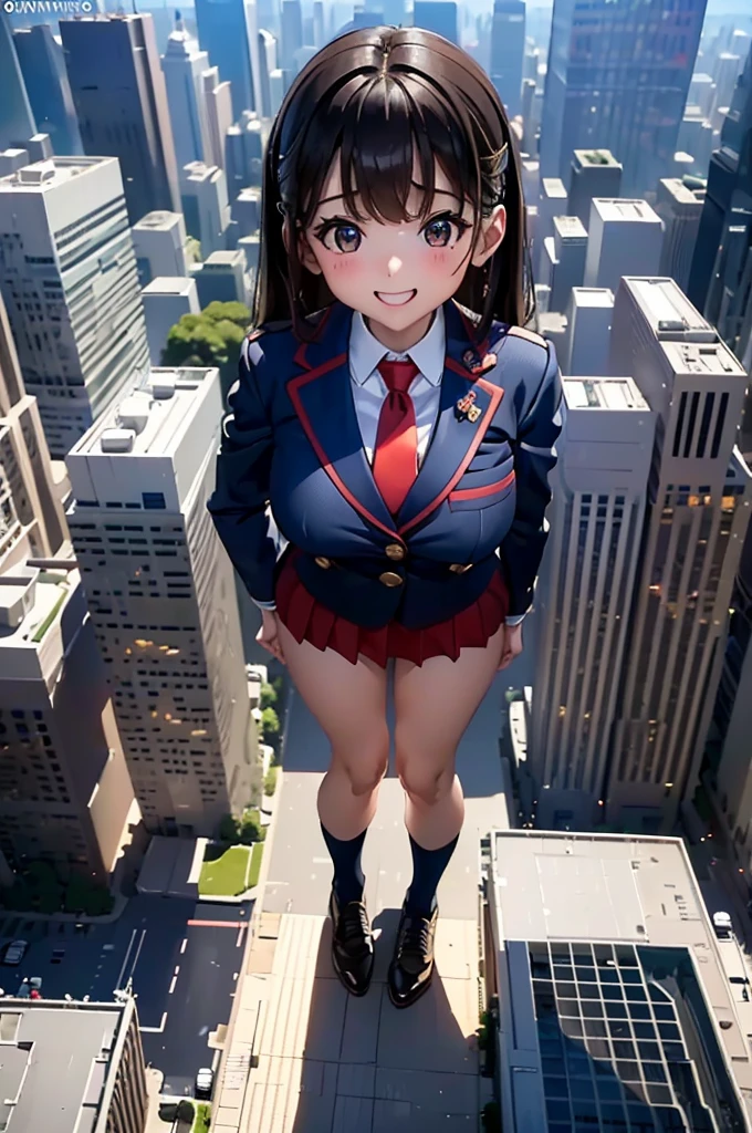 (Super Best masterpiece giant Art), (16K, Highest quality, Ultra-high resolution, real scale), (Japanese High School Girl, Satomi, Height 50,000ｍ), (Very accurate height), (Blue Uniform, Japanese style blazer, short black mini skirt, Red tie, White socks, Navy blue leather shoes), (Very beautiful and detailed girl, Accurate body structure, Accurate body movements, Very detailed body), (Big Breasts, J-Cup), (Skyscrapers up to 300m tall), (In comparison with the giants, A very very small big city, Trying to destroy a miniature metropolis, Full body description, Lay your body on your side, Invincible smile, Crush City, Micro City), (AM10:00), Approaching 50,000m Giants Feeling Despair, The overwhelming power of the giant, Ultra-wide-angle lens shooting performance, Clear perspective depiction