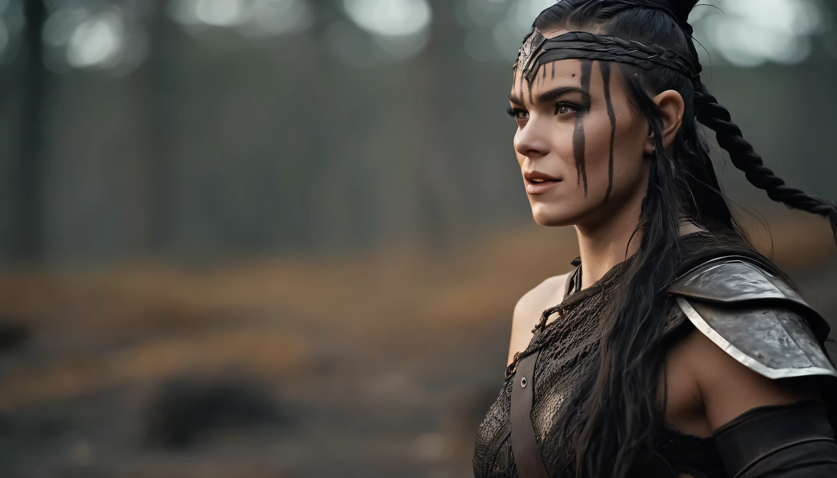 cinematic photo Close-up of (((ohwx woman))) in Hellblade: Senua's Sacrifice, beautiful ((cut out bra, e-cup, 1.3 large breasts)) rising from the black mud, long braided hair, war green paint, faded paint, angry expression, dirty face, finely detailed eyes, gloomy, viking clothing, epic setting, epic composition, Photography, Cinematic Lighting, Volumetric Lighting, mystical lighting, intricate detail, extremely detailed volumetric rays. 35mm photo, film, bokeh, professional, 4k, highly detailed