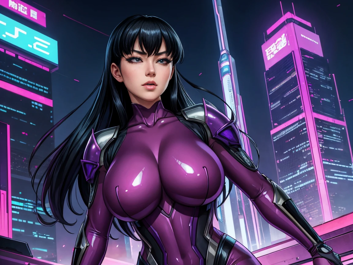 masterpiece, best quality,  defsaika, red eyes, (purple and white bodysuit:1.3), halterneck, elbow gloves, vambraces, night, cityscape, cyberpunk, looking at viewer, breasts, arms at sides, portrait, glowing, large breasts, from side, upper body, close-up