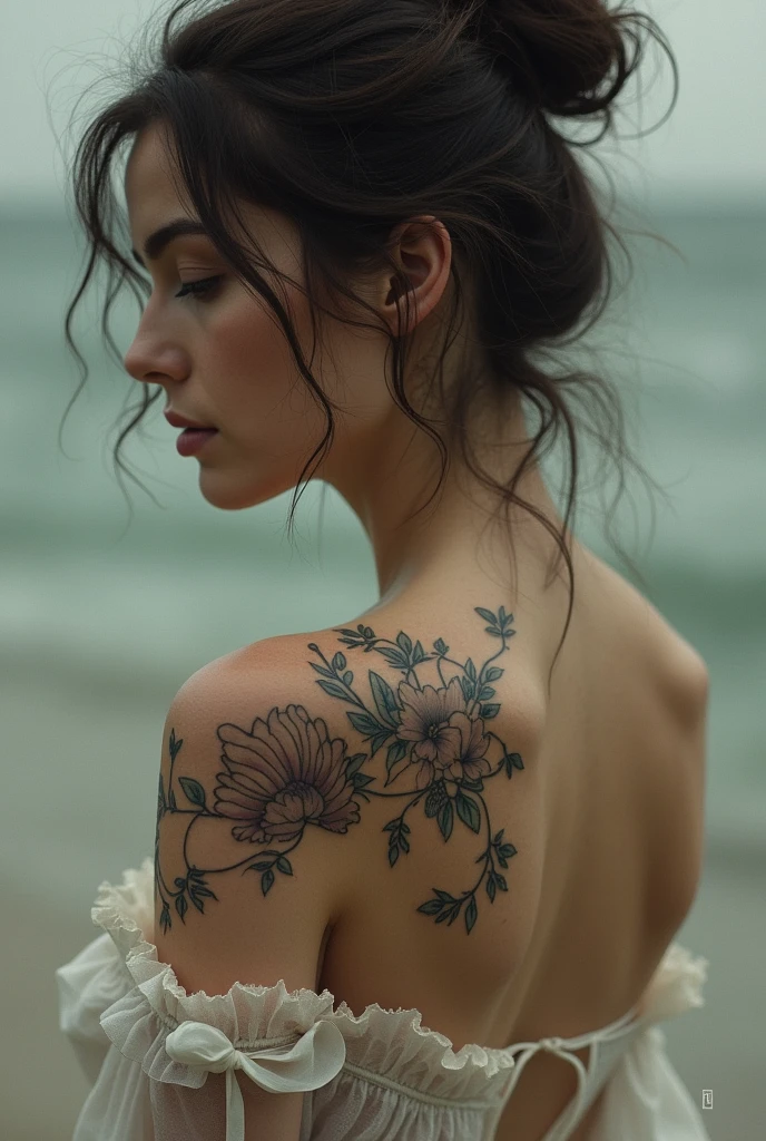 A lovely woman, kneeling with her back to the viewer, delicate flowers tattooed on her bare back, professional photography, high quality, detailed, photorealistic, soft natural lighting, warm color palette, serene atmosphere, intricate tattoo details, graceful pose, beautiful skin tones, cinematic composition, dramatic shadows, depth of field