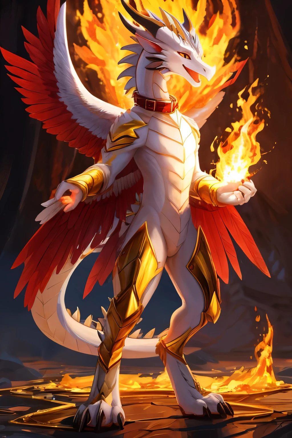 (anime), (front facing), (looking at the camera), slim furry white and gray dragon using old magic, white main body color, (red, orange, yellow and magenta undertones), smooth skin, very long muzzle, neck and tail fur, digitigrade, creative horns, feathers, gradients, (wearing only a scarf), nature background, full body