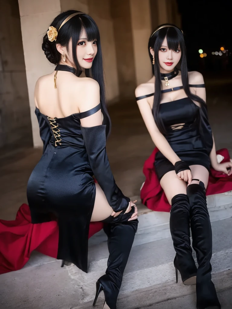 (Highest quality, 4K, masterpiece :1.3), Beautiful woman, Surreal, 1 person,),Ajolf, Side Lock,Short hair and long straight hair, Gold Hair Band, Gold earrings, Gold Hair Ornament, Big Breasts, Exposing shoulders, Black Dress, Double-sided dress with red rose cape, choker, Thigh-high boots, , Fingerless gloves, Thigh-high boots,Slender beauty, (Huge breasts, Attractive body :1.2), Abdominal exercises :1.1, Long black hair 1.1, Highly detailed face, Lip details, Beautiful Eyes, double eyelid, Sexy low neck dress, Open neckline, Twisting waist pose, Visible curves,Muscular, Bent legs, Yugal, masterpiece, Highest quality, High resolution, aaYugalf,Cowboy Shot, Are standing, Looking at the audience, Outdoor, night, (Perfect Anatomy:1.Big Ass, jewelry, Off the shoulder, Black Pantyhose, Cute Smile, Beautiful and bright lighting, Beautiful breasts,Place your hands behind your back,