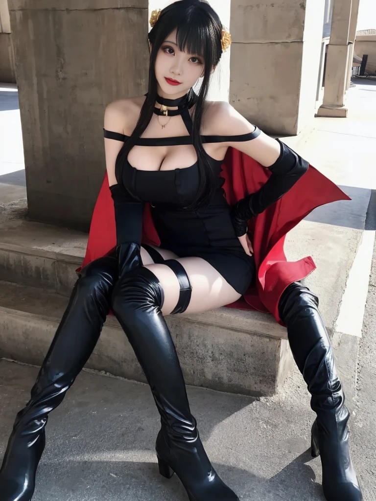 (Highest quality, 4K, masterpiece :1.3), Beautiful woman, Surreal, 1 person,),Ajolf, Side Lock,Short hair and long straight hair, Gold Hair Band, Gold earrings, Gold Hair Ornament, Big Breasts, Exposing shoulders, Black Dress, Double-sided dress with red rose cape, choker, Thigh-high boots, , Fingerless gloves, Thigh-high boots,Slender beauty, (Huge breasts, Attractive body :1.2), Abdominal exercises :1.1, Long black hair 1.1, Highly detailed face, Lip details, Beautiful Eyes, double eyelid, Sexy low neck dress, Open neckline, Twisting waist pose, Visible curves,Muscular, Bent legs, Yugal, masterpiece, Highest quality, High resolution, aaYugalf,Cowboy Shot, Are standing, Looking at the audience, Outdoor, night, (Perfect Anatomy:1.Big Ass, jewelry, Off the shoulder, Black Pantyhose, Cute Smile, Beautiful and bright lighting, Beautiful breasts,Place your hands behind your back,