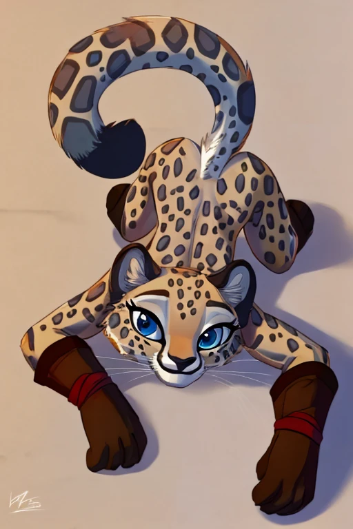 Lian, small, young,anthro, solo, female, nude,gloves,brown gloves,blue eyes,sleeves,furry female, cheetah, animal nose, animal ears, whiskers,ankle bandages, smile, back view blank background, lying down, proned, vagina, ass up