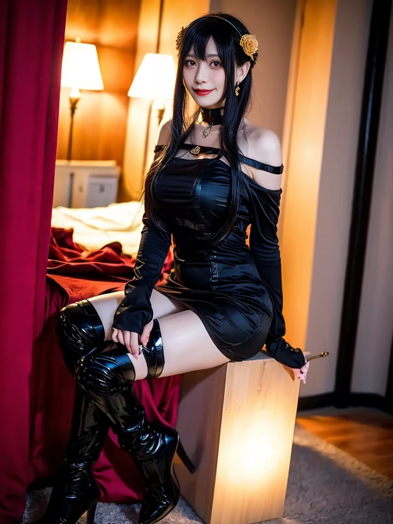 (Highest quality, 4K, masterpiece :1.3), Beautiful woman, Surreal, 1 person,),Ajolf, Side Lock,Short hair and long straight hair, Gold Hair Band, Gold earrings, Gold Hair Ornament, Big Breasts, Exposing shoulders, Black Dress, Double-sided dress with red rose cape, choker, Thigh-high boots, , Fingerless gloves, Thigh-high boots,Slender beauty, (Huge breasts, Attractive body :1.2), Abdominal exercises :1.1, Long black hair 1.1, Highly detailed face, Lip details, Beautiful Eyes, double eyelid, Sexy low neck dress, Open neckline, Twisting waist pose, Visible curves,Muscular, Bent legs, Yugal, masterpiece, Highest quality, High resolution, aaYugalf,Cowboy Shot, Are standing, Looking at the audience, Outdoor, night, (Perfect Anatomy:1.Big Ass, jewelry, Off the shoulder, Black Pantyhose, Cute Smile, Beautiful and bright lighting, Beautiful breasts,Place your hands behind your back,