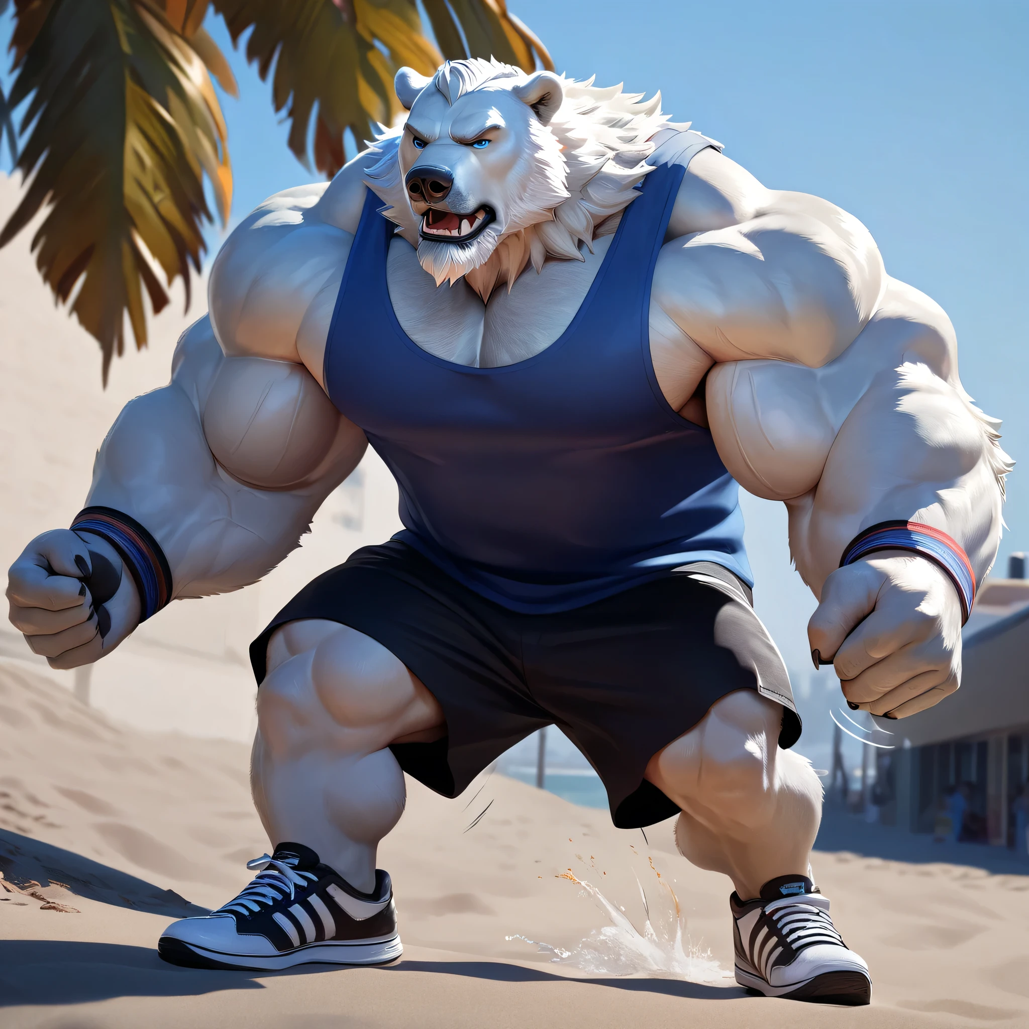 huge muscular polar bear in Los Angeles Beach, big smirk, polar bear, huge white fur, thick arm, huge arm, bearded. white hair and beard, bearded, (muscular, pectoral, wide pectoral, thick arms), beach, palm, 8k, masterpiece, added grayish eyebrows, detailed eyes, (wearing black shorts, wristband, watch and white tank top, gym shoes)