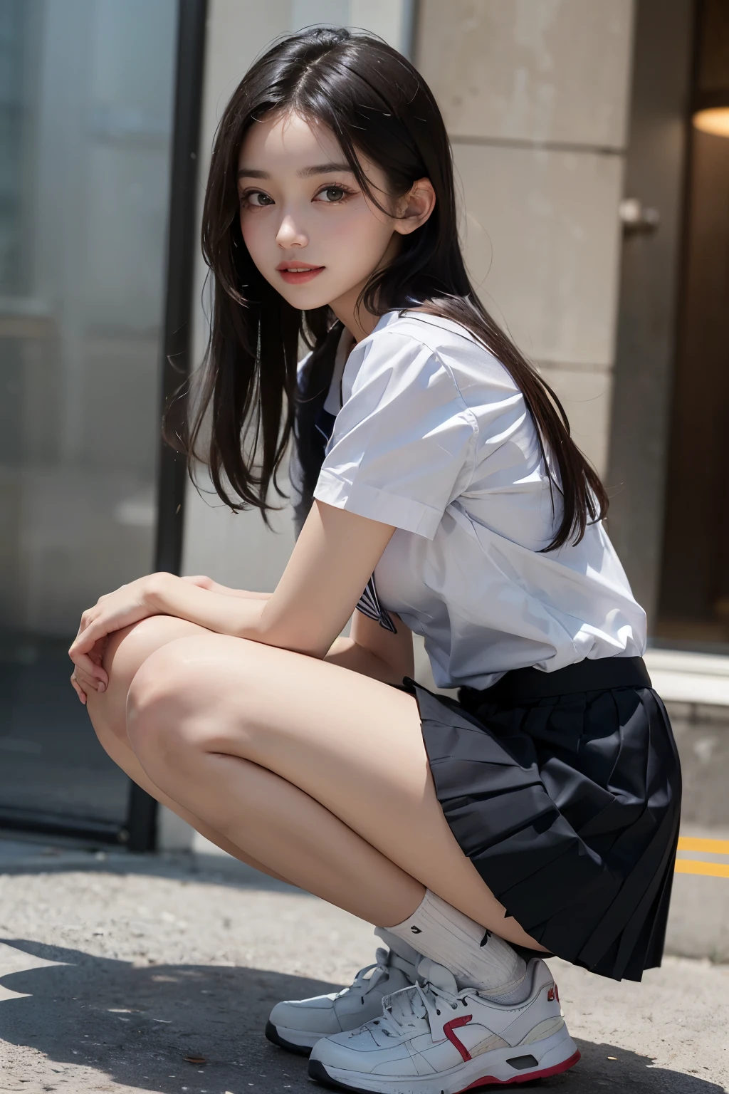 (stunning masterpiece:1.4),(stunning photorealistic:1.4),(stunning 16k:1.4),(best quailty:1.2),(RAW photograph),(ultra-detailed:1.1),(wide depth of field:1.1),ray tracing,ultra-wide panoramic shot,clear shadows & highlights,cowboy,looking at viewer,//detialed stunning delicate beartiful pretty face,a beautiful skinny body girl,detialed flawless fair-skinned texture,//shiny long hair down,makeup,blunt bangs,glossy lips,parted lips,shiny eyes,timeless elegant & exquisite,(glamorous smile),thick pubic hair,//((shirt collar,summer uniform,skirt,high heeled evening shoes)),//flawless fantasy perky round breasts,breasts apart to sides,underboob,sagging breasts,//stunning narrow waist,slender athletic figure,extra-beautiful legs,erect nipples,(deep dark areola),//<lora:pureerosface_v1:0.6>,<lora:stablepussy_aliciaV01:0.6>,<lora:FilmVelvia3:0.6>,<lora:tianfeng_filmgirls5:0.6>,//flawless maidenlike butterfly pussy view,cameltoe,//(model's squatting,magnificent scenery,outdoor),