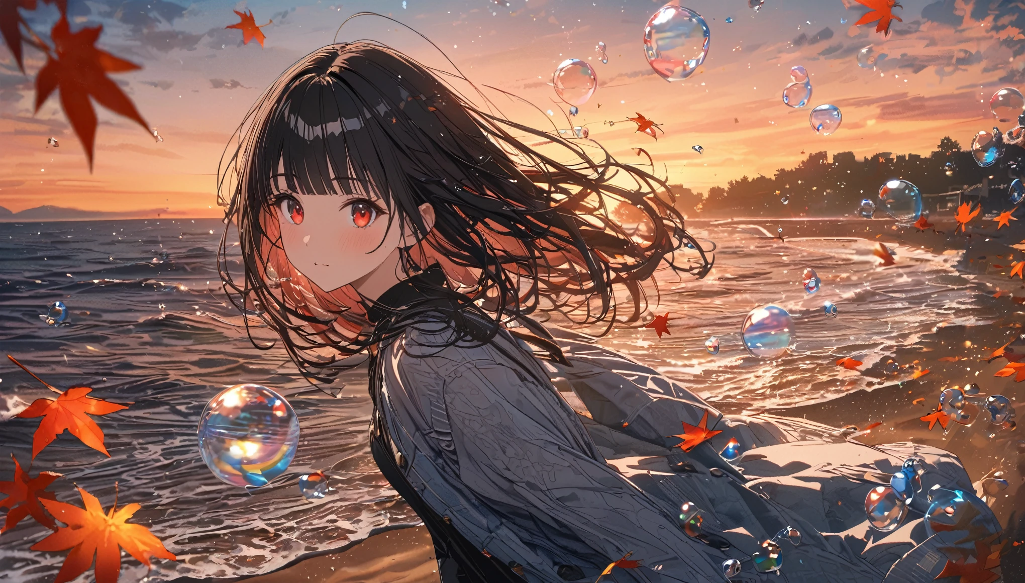 Anime girl with long hair standing on the beach with autumn leaves ...
