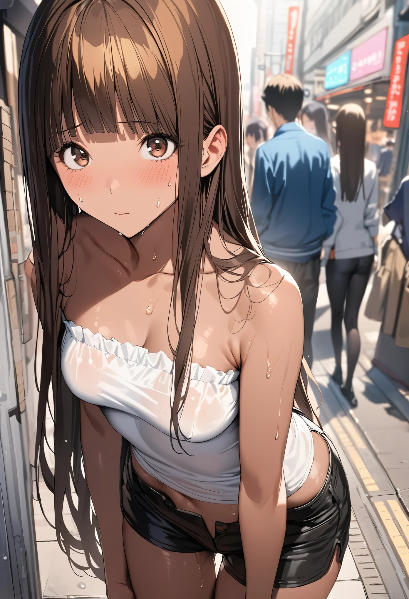 ((masterpiece,Highest quality;1.3,best illustration)),cowboy shot,1woman、25 year old beauty、独奏,((very small head:1.5)),brown hair,straight long hair,bangs,brown eyes,gorgeous eyes,blush,small breasts,((very long body:1.3)),((toned body,slender body:1.3,skinny)),gleaming skin,shiny skin,oily skin,(White tight T-shirt、denim micro shorts)、on street,Tokyo,