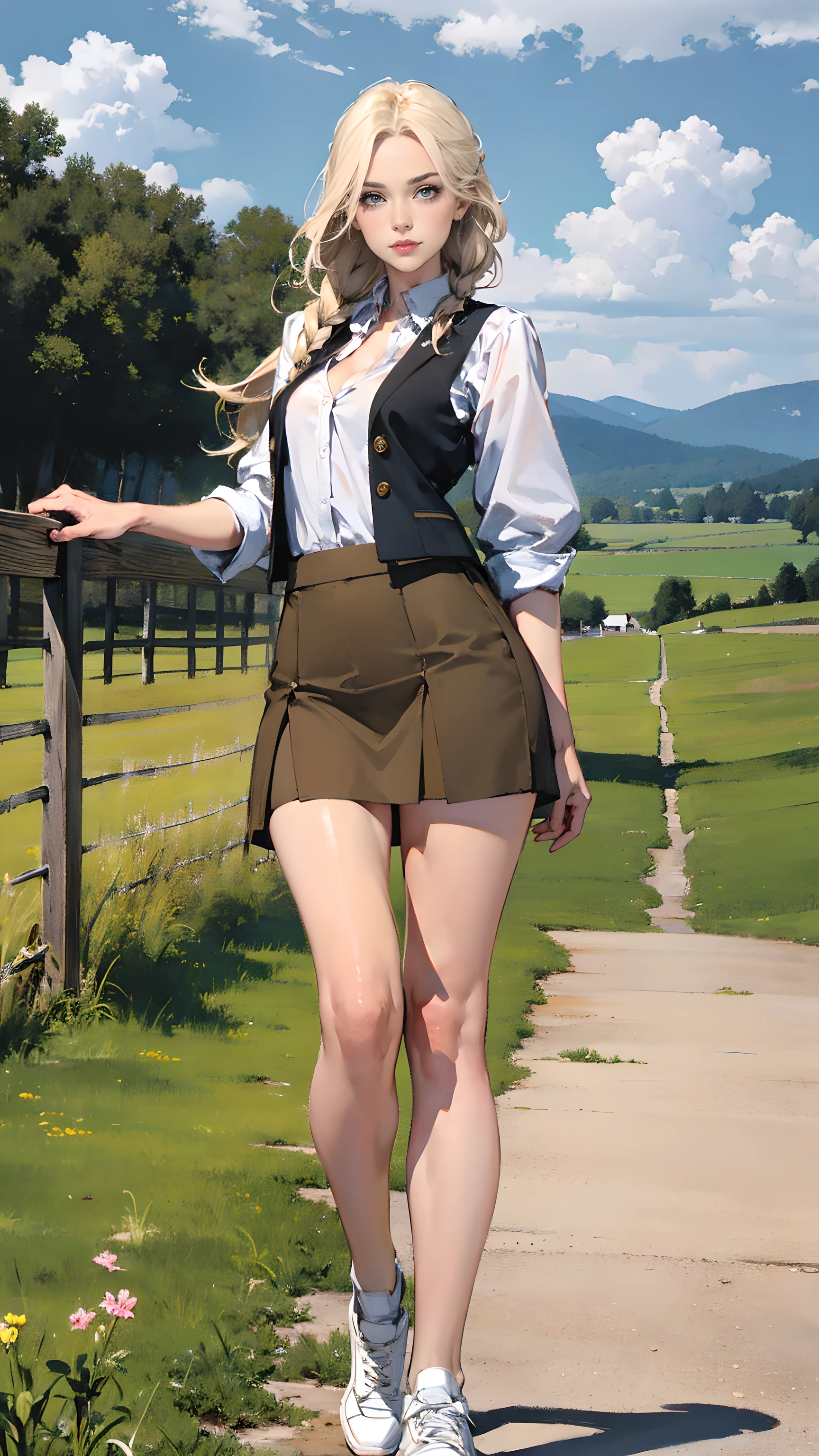 small country town, mountains, a woman straddling to hit crotch the stone bollard edge at along the small river, spread legs, casual dress, panties, eyes realistic sizing, jumping casual dress, no sleeve shirt, armpit, blond, braid,