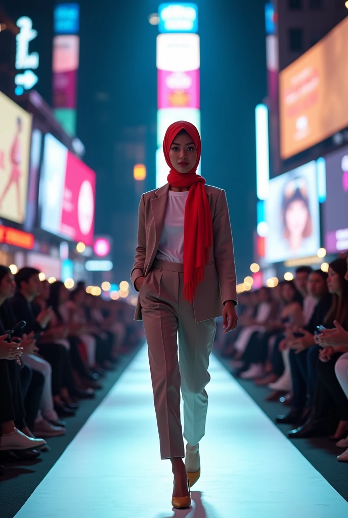 An incredibly beautiful super model girl confidently walks the runway in the heart of Times Square, surrounded by towering billboards and bustling city life. Her clothing is a harmonious blend of modern and traditional elements, with a stylish hijab in bright colors that complements her contemporary casual attire. She wore a pretty blouse and slim trousers, which covered her legs and elongated her figure. Her trousers paired with elegant high heels added a touch of sophistication to her charming look. The ensemble is a fusion of Western and Eastern fashion, showcasing the models' cultural heritage with pride. Even though it is set in a fast-paced city, it still exudes a calm and serene atmosphere, attracting the attention of the audience and the attention of cameras. Her makeup was minimal yet striking, with a bold lip color that contrasted with her flawless skin. The dynamic backdrop of a fashion show, filled with colorful lights and flashing screens, becomes a canvas for her beauty and the innovative fashion statement she represents. The audience, consisting of a diverse mix of fashion enthusiasts and tourists, watched in awe as she gracefully embodied the essence of a modern, empowered woman who transcends cultural boundaries. The overall visual narrative celebrates inclusivity and the beauty of diversity, capturing the spirit of a progressive era where style knows no boundaries. The girl's entire body was illuminated by the light