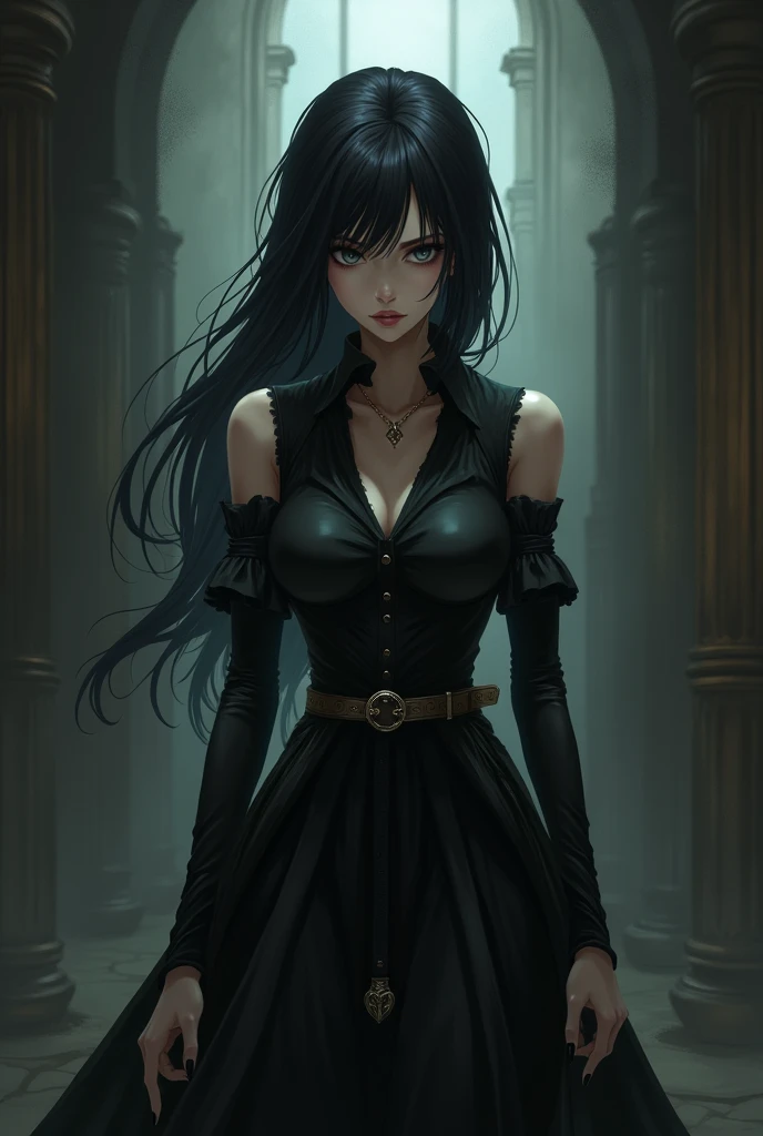 2D epic anime manga style, mysterious sorceress, disturbing scowl, crying leather dress, long black hair, white pale skin, in the shadows