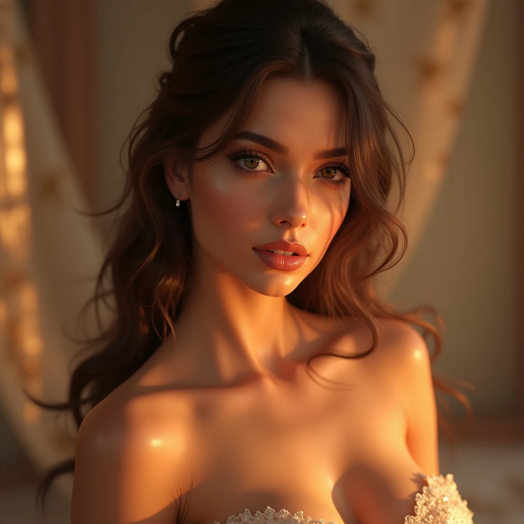 Ultra-realistic full-face photorealistic image of a goddess, 18-year-old young with a beautiful face and deep brown eyes and a charming chin that captivates anyone who meets her. Her ornate light brown hair falls gracefully over her shoulders, framing her face elegantly. Full lips paint a smile. His face is adorned with one or more spots, adding a touch of mystery and charm. Light freckles add a playful and natural look to your appearance, giving you an aura of freshness. Her beauty is a harmonious blend of unique and captivating features, making her irresistibly attractive. - Immerse the viewer in the extravagant charm of a visual by purposefully avoiding direct eye contact with the camera by focusing to the right. The model, dressed in bold makeup, has a captivating expression and a mix of seductive mystery.