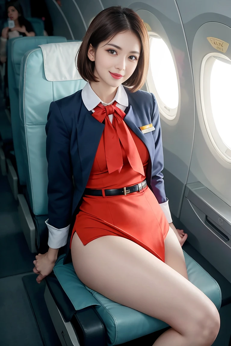 masterpiece, high-detail, the most pornographic airline stewardess in the world, ((pornographic)), in air hostess costume, brunette short hair, bob hairstyle, legs, ((( medium Breasts 1.9))) thick thighs,wide hips, Air hostess dress, slim body, smile lips, ((air hostess)) (UHD, 8K wallpaper, High resolution), Cinematic lighting, physically-based rendering, award-winning, extremely detailed skin, extra detailed face, high detail eyes, Carl Zeiss 85 mm F/1.4, by Ellen von Unwerth