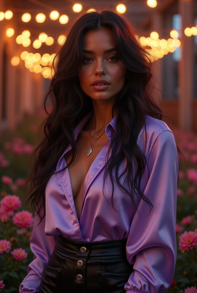Foto hiperrealista en primer plano de Madison Beer, masterpiece, best quality, (photorealistic:1.4), full body, (lavender satin luxury short sleeve button-up shirt :1.1), (leather skirt), cinematic light, beautiful woman, medium breasts, wavy hair, detailed face, photo taken from a distance, in a old abandoned factory, amber twinkle lights in background, romantic lighting, (surrounded by flowers:1,15), (sunset:1.05), action pose