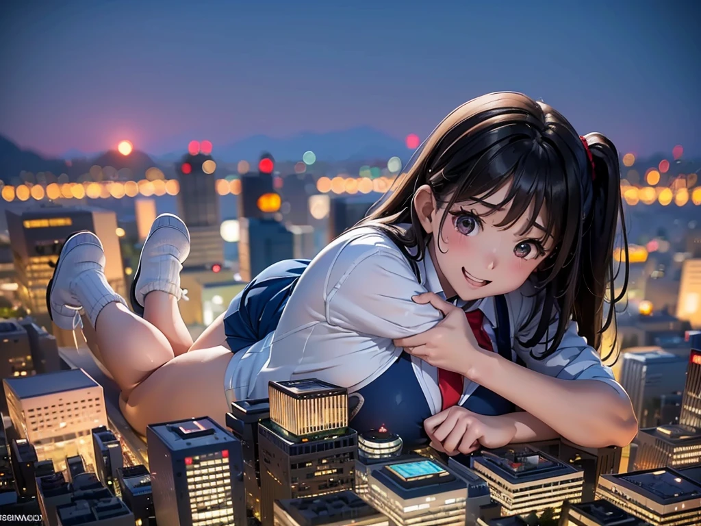 (Super Best masterpiece giant Art), (16K, Highest quality, Ultra-high resolution, real scale), (Japanese High School Girl, Satomi, Height 500,000ｍ), (Very accurate height), (Blue Uniform, Japanese style blazer, short black mini skirt, Red tie, White socks, Navy blue leather shoes), (Very beautiful and detailed girl, Accurate body structure, Accurate body movements, Very detailed body), (Big Breasts, J-Cup), (Skyscrapers up to 300m tall), (In comparison with the giants, A very very small big city, Trying to destroy a miniature metropolis, Full body description, Lying on your back, Invincible smile, Crush City, Micro City), (AM10:00), 500,Despair at the sight of the 000m giant, The overwhelming power of the giant, Ultra-wide-angle lens shooting performance, Clear perspective depiction