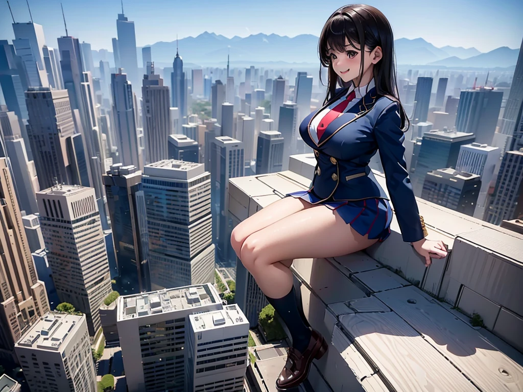 (Super Best masterpiece giant Art), (16K, Highest quality, Ultra-high resolution, real scale), (Japanese High School Girl, Satomi, Height 500,000,000ｍ), (Very accurate height), (Blue Uniform, Japanese style blazer, short black mini skirt, Red tie, White socks, Navy blue leather shoes), (Very beautiful and detailed girl, Accurate body structure, Accurate body movements, Very detailed body), (Big Breasts, J-Cup), (Skyscrapers up to 300m tall), (In comparison with the giants, A very very small big city, Trying to destroy a miniature metropolis, Full body description, Prone, Invincible smile, Crush City, Micro City), (AM10:00), 500,000,Despair at the sight of the 000m giant, The overwhelming power of the giant, Ultra-wide-angle lens shooting performance, Clear perspective depiction