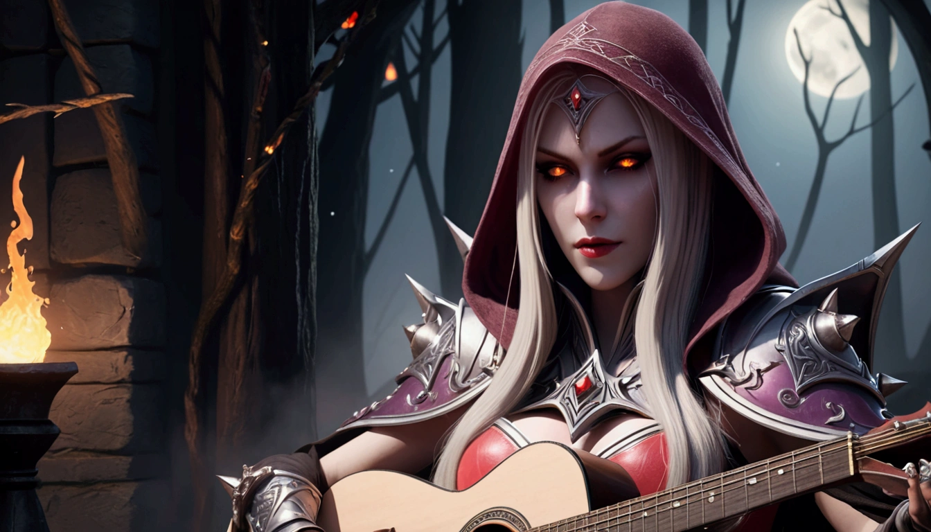 Sylvanas Windrunner, the legendary leader of the Forsaken, sits upon a dark wooden throne, surrounded by an aura of mystery and magic. In her hands, she holds a vibrant red guitar, its strings seemingly pulsing with otherworldly energy. Her eyes, burning with unearthly intensity, stare directly at the viewer, as if daring them to come closer. Her long, white hair falls to her shoulders, framing her pale, ethereal face. Her lips, painted blood-red, curve into an enigmatic smile, as if she holds secrets known only to her. The guitar, which appears to have been created by magical hands, emits an intense red light that illuminates the room around it. The strings vibrate with an energy that seems almost palpable, as if they are alive and responding to Sylvanas' playing. In the background, a dark, mysterious mist spreads, as if the night itself is closing in around Sylvanas. The atmosphere is charged with tension and anticipation, as if something is about to happen. The image is a mix of shadows and light, of mystery and magic, capturing the essence of Sylvanas Windrunner as an enigmatic and powerful creature.