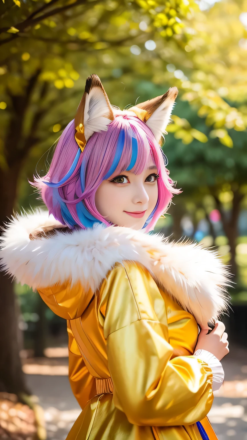 ultra sexy female, (-anime), only 1 female, very short hair, beautiful smile, lipgloss, long lashes, defined eyebrows, detailed fox anime cosplay, fluffy fur vivid colors outfit, cosplay accessoires, fox ears, vivid colors, look at the camera, cinematic light, large park background with trees, sweet and sexy pose