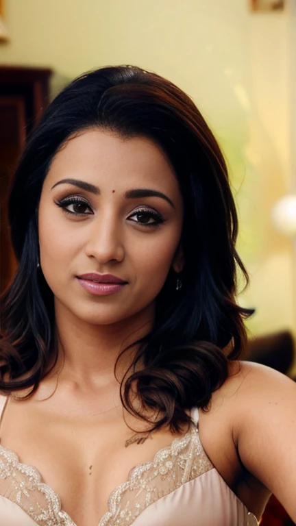 closeup half body photo of trisha, HD, 4K, high resolution, lingerie,trisha krishnan,trks woman,((long face)),30 year old milf, hindu, sexy, hindu woman,in sexy lace bikini showing cleavage and navel ,make up,happy eyes, sexy face, masterpiece, swoopimg breasts, sexy navel, happy face , sexy, beautiful eyes,(( selfie style))