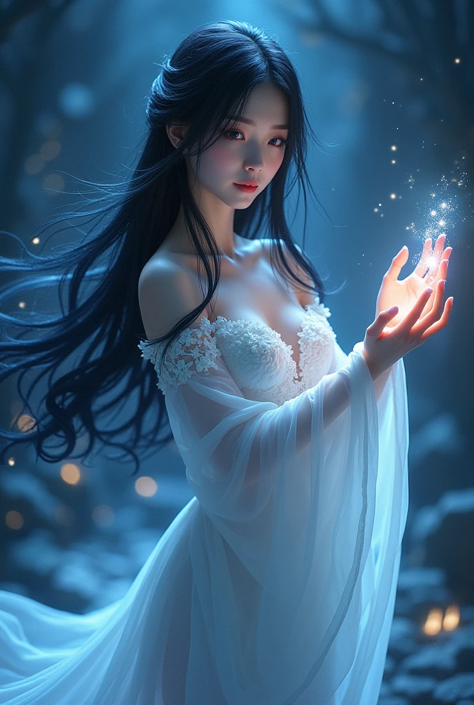 (((ghost)))、young woman、smile、(Beauty)、Japanese、cute、1、((My body is transparent))、Background night cemetery、Spirits flying all around、(best quality,4K,8k,highres,masterpiece:1.2),ultra-detailed,(realistic,photorealistic,photo-realistic:1.37),HDR,uhd,studio lighting,ultra-fine painting,sharp focus,physically-based rendering,extreme detail description,professional,vivid colors,bokeh,cinematic lighting,dramatic shadow,