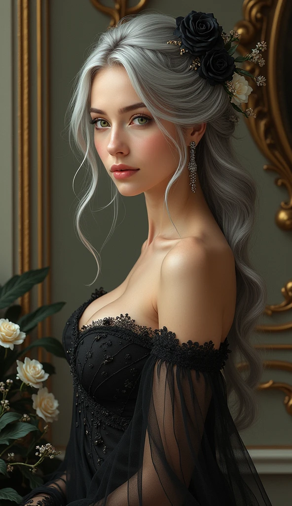 A young female vampire, beautiful, in a silver gown, holding a glass of wine in her hand. --auto --s2